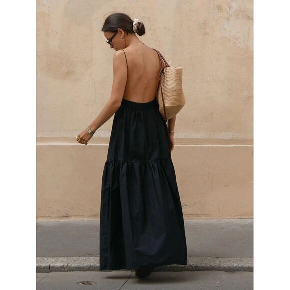 Commense‎ Boho Pleated Solid Black Backless Tiered Evening Cocktail Maxi Dress S - Picture 3 of 17